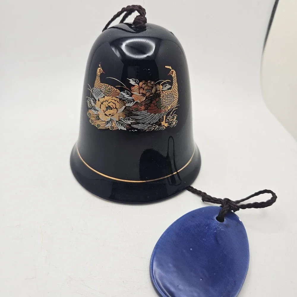 Vintage Cobalt Blue Ceramic Hanging Bell Peacock Floral Wind Chime